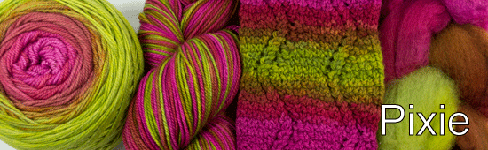 Vibrant Pink and Green with intense Red and rich Brown between.  This colorway exudes fun and energy!